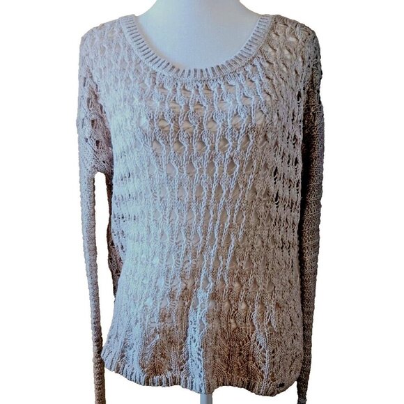 3/10 Hollister Open Knit Crochet Light Sweater L Beige Oatmeal Cozy Beachy Boho - Picture 1 of 10